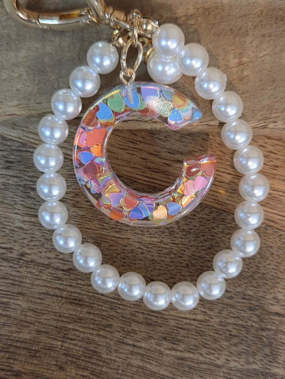 Pearl Beaded Wristlet with a Heart Filled Iridescent 'C' Charm - Picture 3 of 8